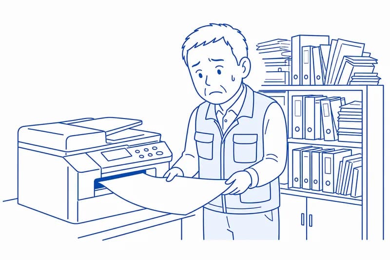 FAX 複合機から出てきた注文書を受け取る、書類棚の前の社員のイラスト