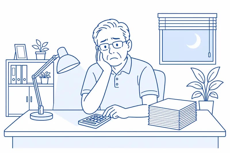 夜のオフィスで電卓と請求書の束を前に疲れている経営者のイラスト