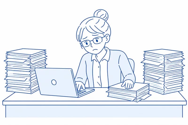 紙の伝票の山を確認しながらパソコンへ手入力する事務担当のイラスト