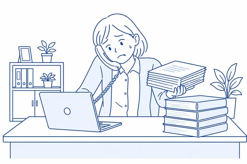 受話器を肩に挟み、書類の山に囲まれて IT を兼務する総務担当のイラスト