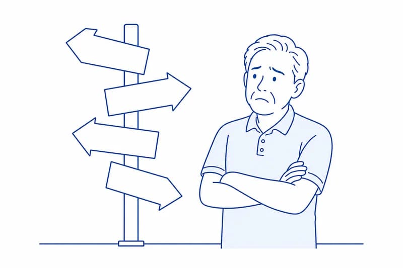 行き先の書かれていない案内標識の前で立ち尽くす経営者のイラスト