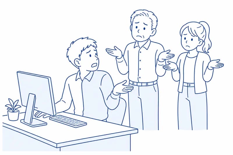 パソコン操作に困って振り返るが、同僚も答えられず困っているオフィスのイラスト
