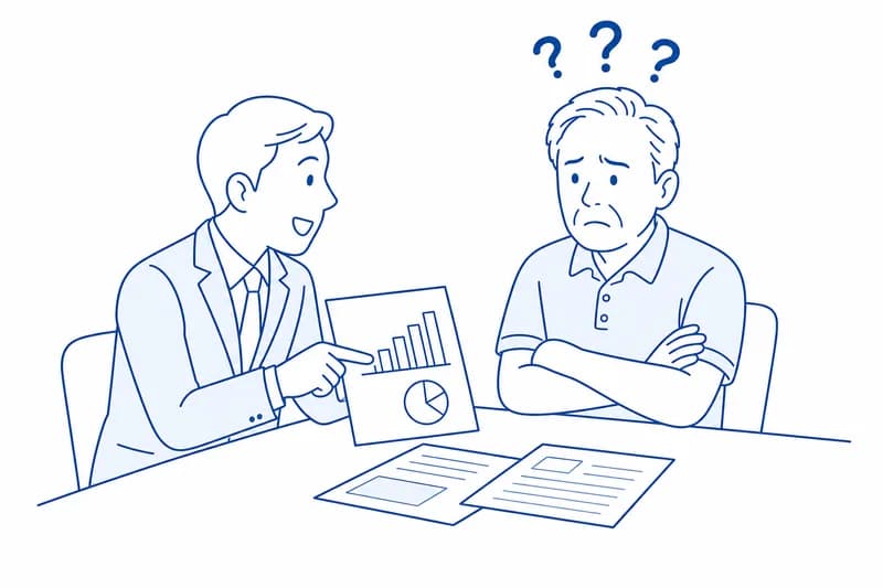ベンダー営業の説明を聞きながら、判断できず腕を組む経営者のイラスト